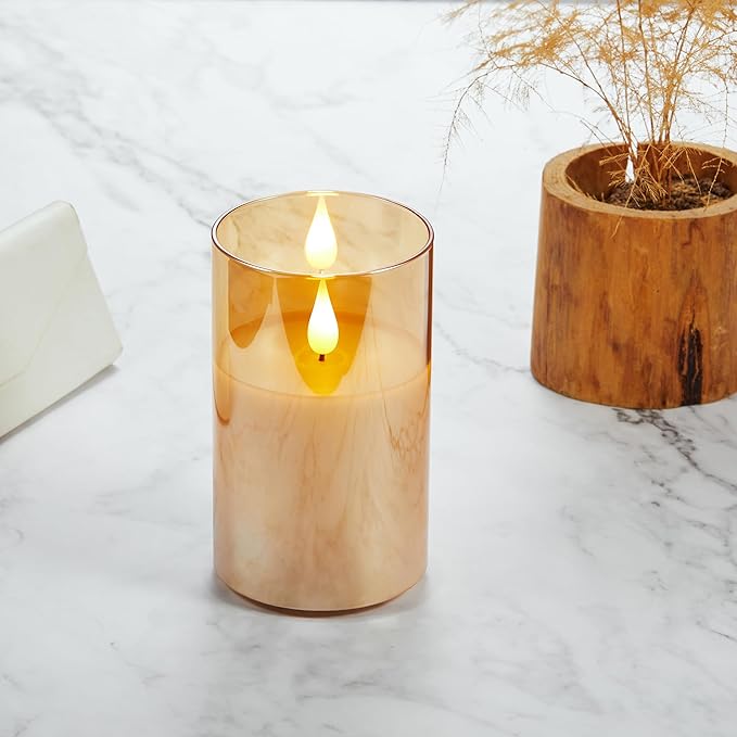 Rechargeable Battery Operated Flickering Flameless Candles with Remote and Timer, led Candle with 3D Wick Last 1000+ Hours Real Wax Electric Candles Pillar Candle for Home, Gold Glass 3" x 4"