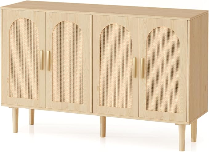 47.2" Rattan Sideboard Buffet Credenza Cabinet, Farmhouse Kitchen Coffee Bar Cabinet with Storage, Boho Accent Buffet Console Table for Entryway Living Room, Dining Room, Natural