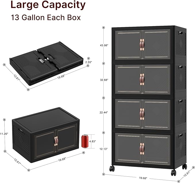 UAMFURI Stackable Storage Bins with Lids, 384QT Closet Organizers, Lockable Storage Cabinet, Foldable Storage Box with Doors and Wheels, Plastic Drawers for Home, Garage, Office (8, Black, Medium)