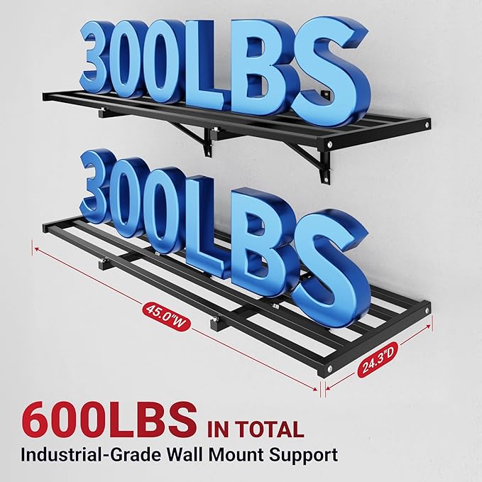 FLEXIMOUNTS Fold-Down 2x4ft Garage Wall Shelving, 2-Pack Heavy Duty Folding Garage Shelving Wall Mounted, 600 lbs Capacity, Storage for Power Tools, Garden Supplies & Seasonal Storage, Lite Series