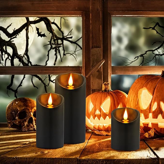 ALED LIGHT Black Real Wax Rechargeable Candles Flickering Realistic,Flameless Candles Rechargeable with Remote for Home Decor Idea Gift，Pack 3(D 3”X H 4”5”6”)