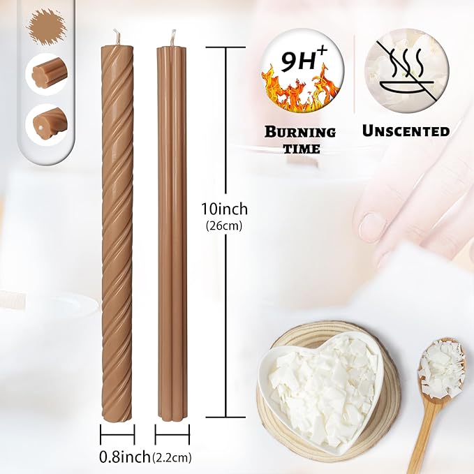 Dripless Unscented Brown Spiral Taper Candles Smokeless Long Lasting Burn 10 Inch Elegant Roman Column Candlesticks for Home Décor Holiday Gift,Set of 6
