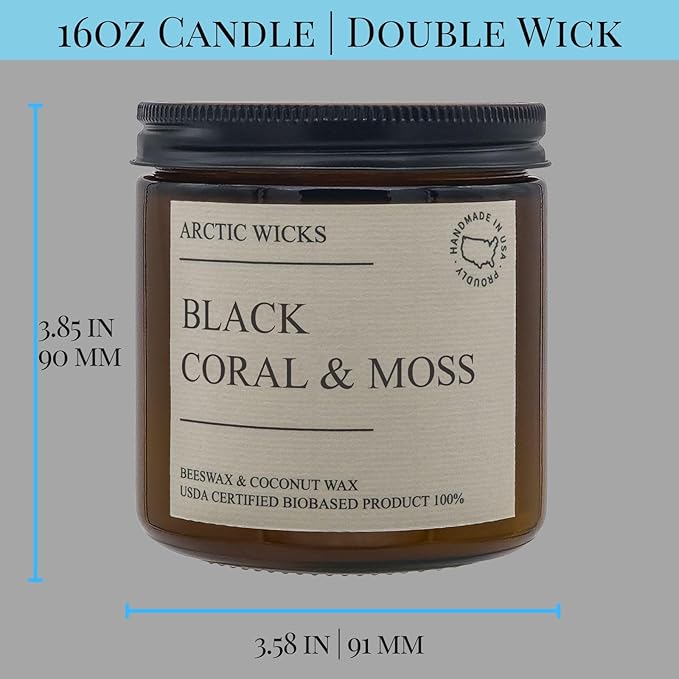 Arctic Wicks Handcrafted Candles | Non Toxic Coconut Beeswax Candles 16oz Double Wick | 100% USDA Certified Biobased, Handmade, Premium Waxes, Non-Toxic (Black Coral & Moss, 16oz Amber Jar)