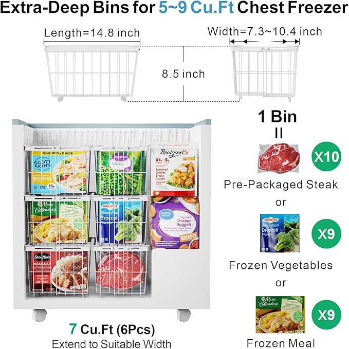 iSPECLE Freezer Organizer Bins - 4 Pack Adjustable Width for 5 to 7 Cu.Ft Chest Freezers, Stackable Wire Storage Baskets for Deep Freezer Organization, Assembly Required, White