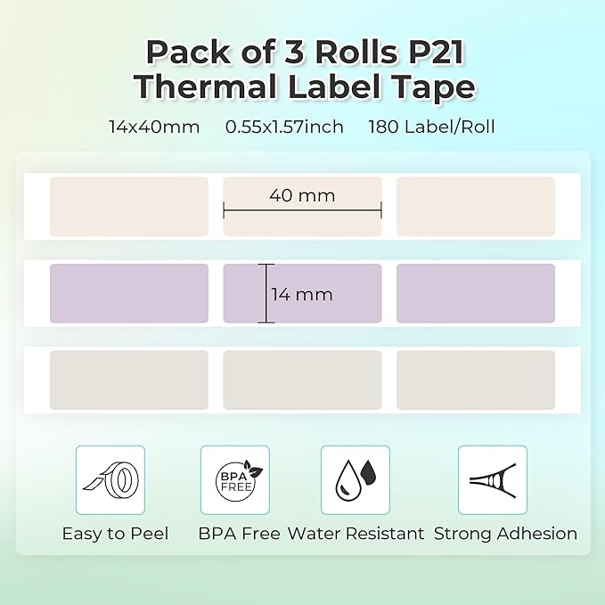 NELKO Genuine P21 Label Maker Tape, Adapted Label Print Paper, 14x40mm (0.55"x1.57"), Standard Laminated Labeling Replacement, Multipurpose of P21, 180 Tapes/Roll, 3-Roll, Beige/Brown/Purple