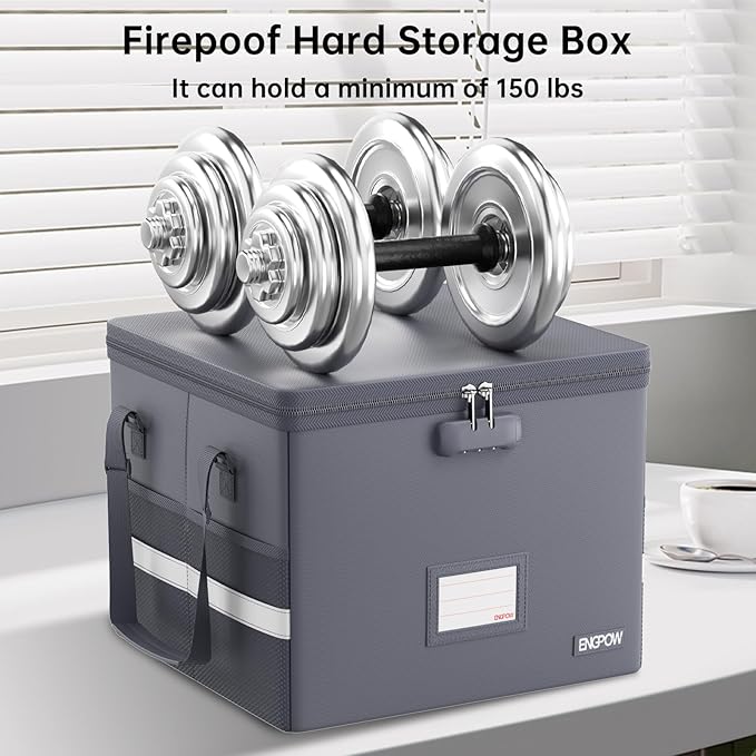 ENGPOW 5200°F File Box Fireproof Document Box with Lock,Heat Insulated Collapsible File Storage Organizer Box with Handle,Portable Home Office File Cabinet for Hanging Letter/Legal Size Folder, Gray