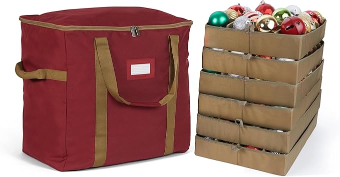 Covermates Keepsakes Adjustable Ornament Storage Bag – Heavy-Duty Polyester, Padded Dividers & FlexGrid Trays – Protective Holiday Ornament Organizer with Handles & Label Window, Red