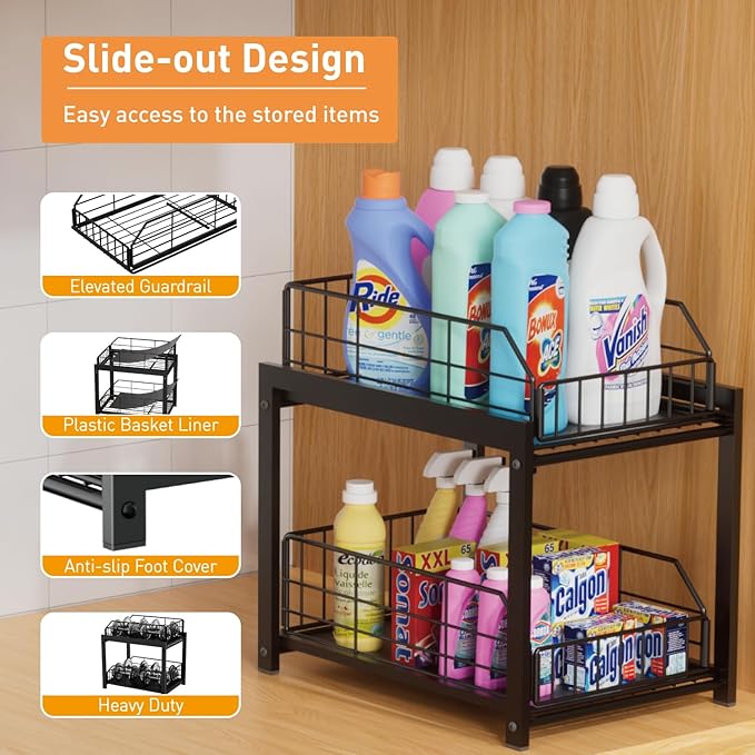 2 Tier Sliding Basket Drawer Organizer, Pull Out Under Sink Cabinets Organizers, Metal Home Shelf for Bathroom or Kitchen, Sliding Countertop or Pantry Storage Shelf, Black