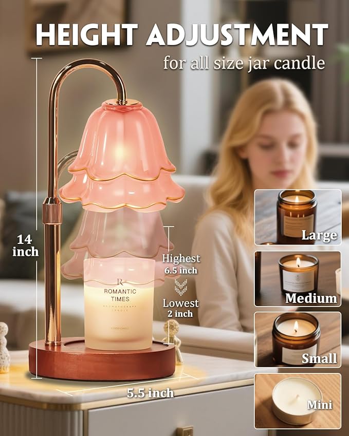 Pink Candle Warmer Lamp with Timer & Dimmer, Adjustable Height Mothers Day Birthday Gifts for Women Mom, Flower Candle Lamp Warmer, Wax Warmer with 2 Bulbs, House Warming New House Decorations