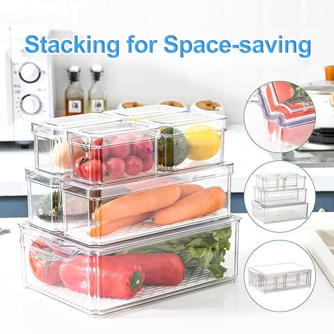 KUMD 14-Pack Clear Fridge Organizer Bins with Lids, Stackable Refrigerator Storage Containers, BPA-Free with Drain Tray & Anti-Slip Base for Fruits, Veggies, Drinks