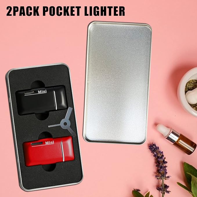 2 Pack Mini Butane Lighter, Double Jet Torch Lighter with Visible Window, Refillable and Adjustable Pocket Lighter, Great Little Gift for Men and Women, Black and Red (Without Gas)