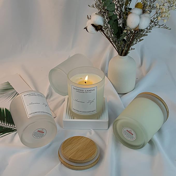 Creahaus 10oz, 16 Pack Thick Candle Jars with Bamboo Lids for Making Candles, Bulk Frosted Empty Glass Candle Containers & Sticky Labels, Warming Labels Kit, Heat Resistant Candle Vessels