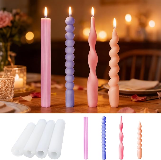 4 PCS Taper Candle Mold - Pillar Long Strip Candle Molds, 3D Silicone Candlestick Making Supplies, Cylinder Wave Twisted Strip Beaded Candlestick Casting Forms for Home Holiday Decor