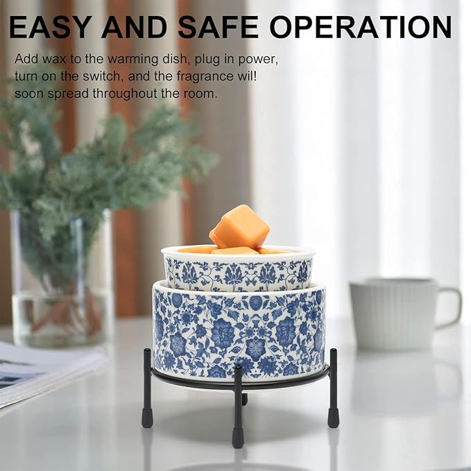 NAFANG Blue & White Porcelain Pattern Wax Melt Warmer,Ceramic 3-in-1 Electric Candle Wax Warmer for Scented Wax Melter Oil Burner for Home Office Bedroom Gift & Decor (with KD Iron Shelf)