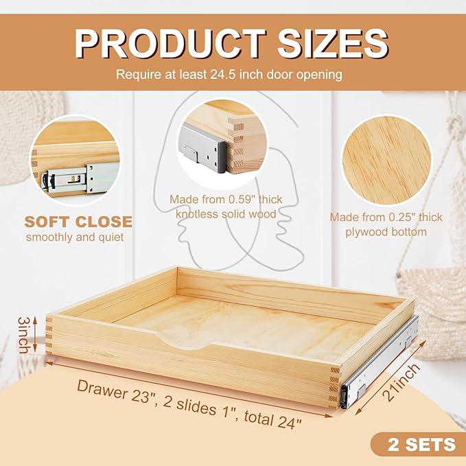 Menkxi 2 Set Wooden Pull out Cabinet Organizer Fully Assembled Slide out Pantry Drawer with Gentle Close Storage Shelf Tray for Base Kitchen Under Sink Bathroom Accessory(Wood Color,24'' X 21'' X 3'')
