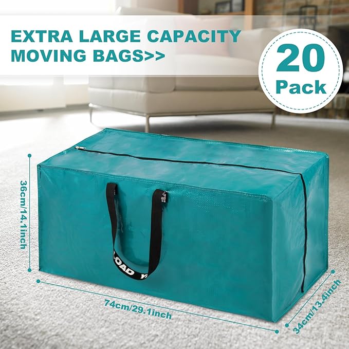 Purple Moving Bags - 20 Pack Extra Large Heavy Duty Storage Bags With Zipper & Reinforce Handles | 29x14x13 Inch Moving Tote Bags Bulk For Clothing, Shoes, Travel