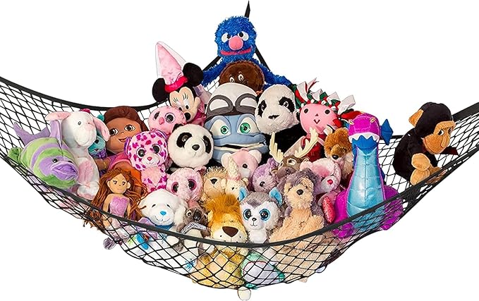 Lilly's Love Large Stuffed Animal Hammock | Corner Hanging Organizer, Stuffed Animal Storage | Easy to Hang Plushie Net w/Included Anchors & Hooks | Cute Room & Bedroom Decor (Black)