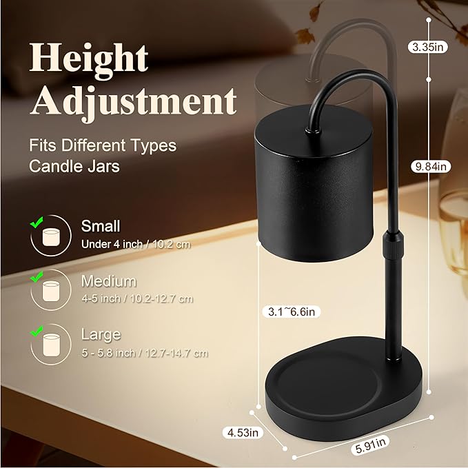 Dreamholder Electric Candle Warmer Lamp with Timer & Dimmer, Adjustable Height Wax Melt Warmer for Jar Candles, Wood Base Candle Melter, Floral Home Decor Gifts for Women, Mom, Black