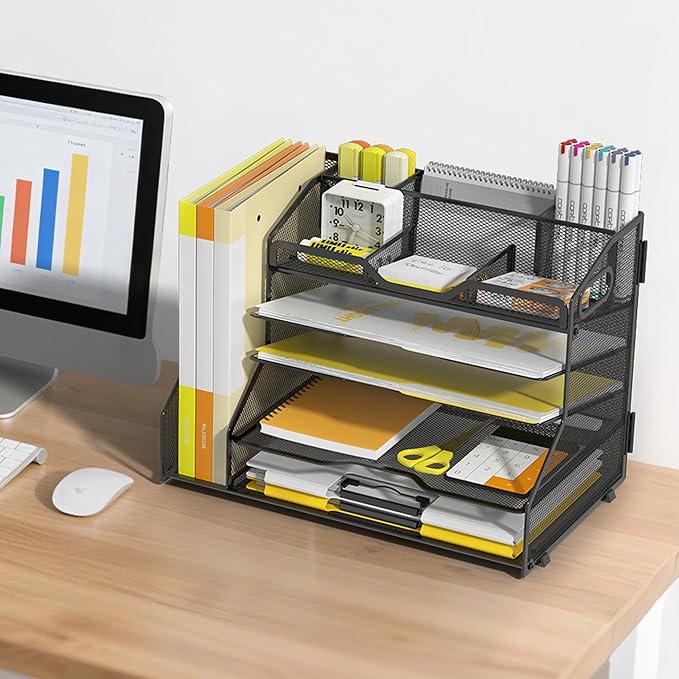 YINGHUA 5 Tier Paper Tray Letter Organizer with Top 6 Adjustable Compartments and File Holder - Paper Sorter Office Desktop Accessories with Handles for Document,Mail,School Supplies Storage,Black