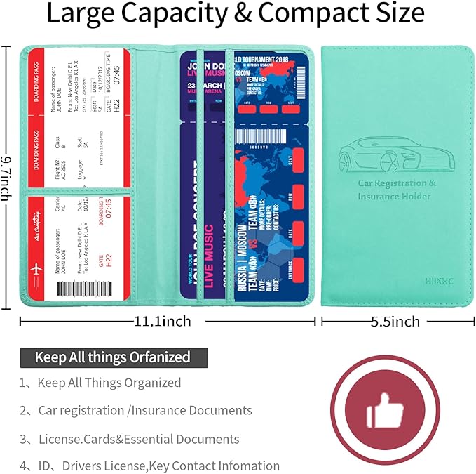 Car Registration and Insurance Card Holder - Leather Vehicle Glove Box Automobile Documents Paperwork Wallet Case Organizer for ID, Driver's License, Key Contact Information Cards - Men&Women