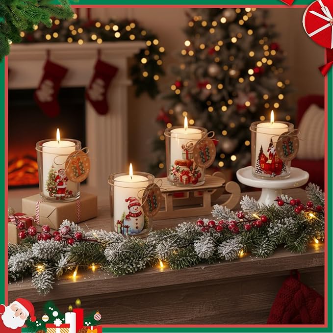 Potchen 12 Pack Christmas Santa Claus Clear Candle Jars for Making Candles 7 oz Empty Glass Jars with Wood Lids and Blessing Card Snowman Candle Containers for DIY Gifts Home Tea Party Holiday Decor