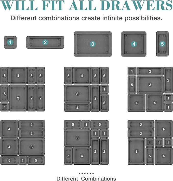 StorMiracle 16 PCS Drawer Organizer Set, 5 Varied Size Bathroom and kitchen Drawer cabinet organizer Trays, Clear Storage Bins for Makeup, Jewelry, Utensils and Gadgets, Black