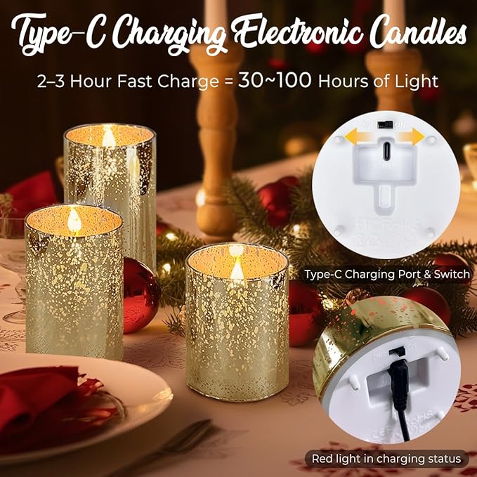 Rechargeable Flameless Candle, Flickering LED Pillar Glass Fake Candle with Remote and Timer, Built-in Battery Real Wax Electronic Candle for Room Decoration, Set of 3