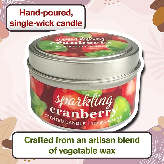 Greenwich Bay Hand-Poured Scented Candle in Decorative Tin – 4 oz/114 g Travel Candle with Lead-Free Wick, Vegetable Wax, Aromatherapy Gift, Single Wick – Made in USA (Sparkling Cranberry)
