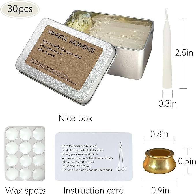 Mini Taper Candle Meditation Candles,White 20 Minute Prayer Candlestick Dripless Beeswax Candles with Brass Candle Holder for Yoga & Spiritual Rituals,30-WHI