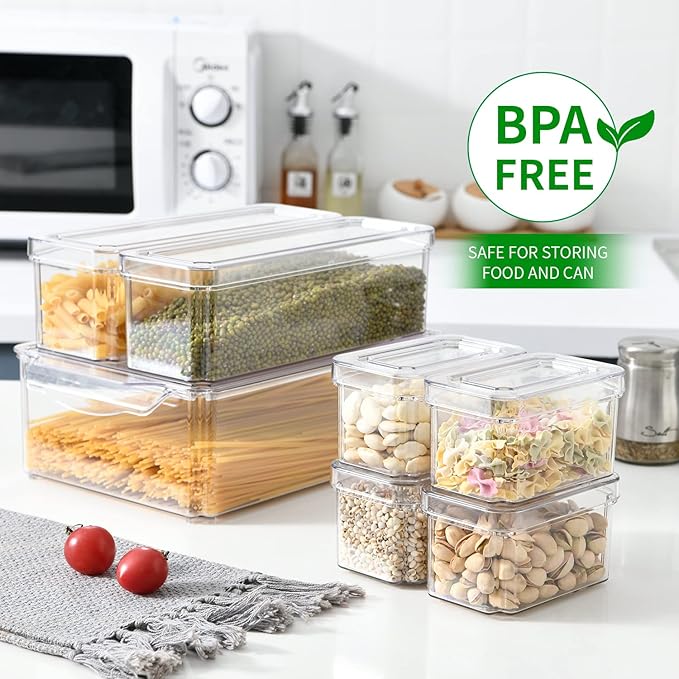 KUMD 14-Pack Clear Fridge Organizer Bins with Lids, Stackable Refrigerator Storage Containers, BPA-Free with Drain Tray & Anti-Slip Base for Fruits, Veggies, Drinks