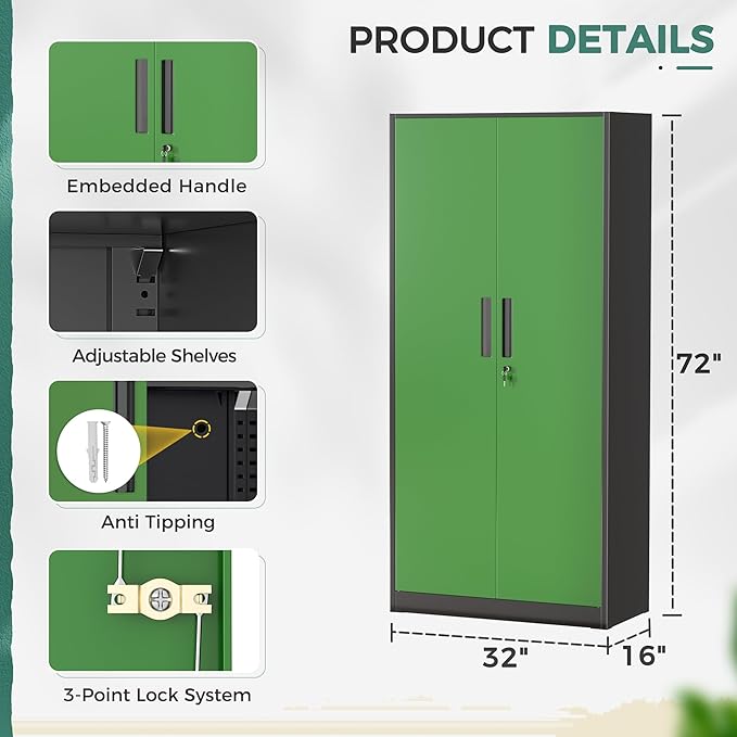 Greenvelly Metal Garage Storage Cabinet, 72" Tall Steel Storage Cabinets with Doors and Adjustable Shelves, Metal Tool Cabinets, Locking File Cabinet for Home Office, Garage, School (Black&Green)