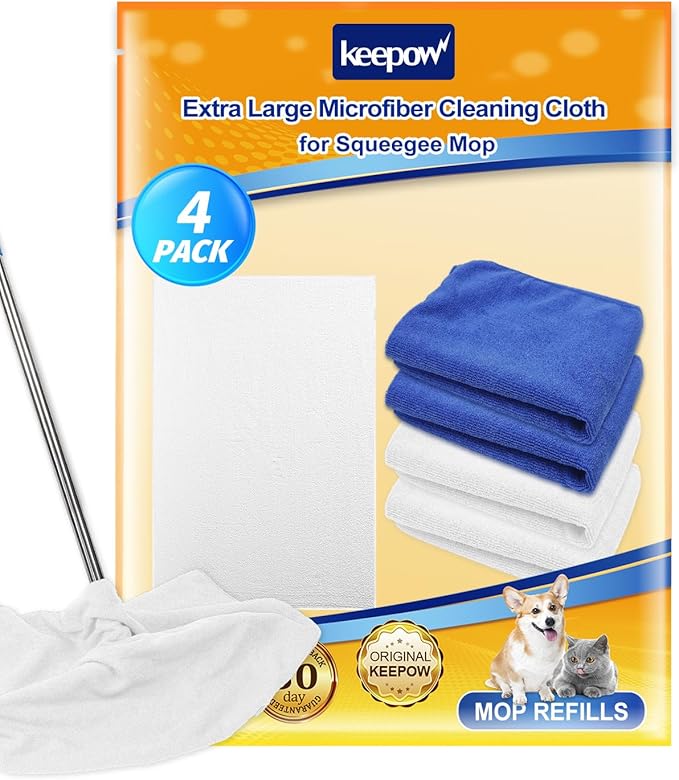 KEEPOW 4PCS Extra Large Microfiber Cleaning Clothes, 30"x20" for Squeegee Mop, Washable Reusable for Glass, Windows, Office & Car Cleaning, Highly Absorbent, Lint and Streak Free (White & Blue)