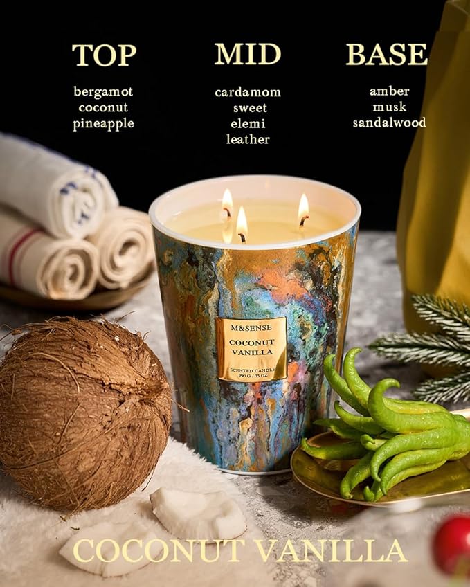M&SENSE Large 3-Wick Coconut Vanilla Scented Soy Candle, 35oz 150 Hours Non-Toxic, Spring Candles Party Essential Spa Home Fragrance & Decor