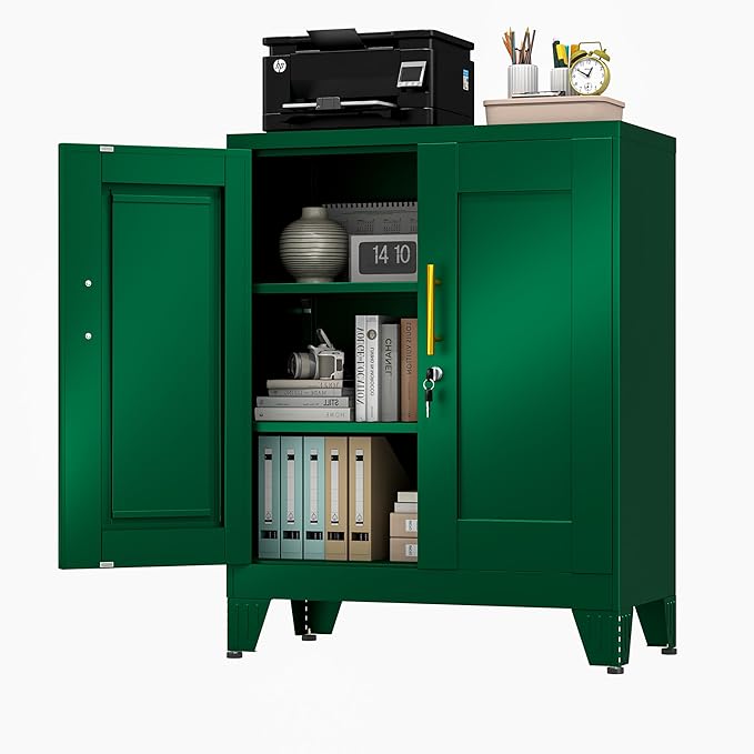 Green Metal Storage Cabinet, 36" Tall Locking Storage Cabinet with 2 Adjustable Shelves, Steel Locker Organizer, for Office, Home, School