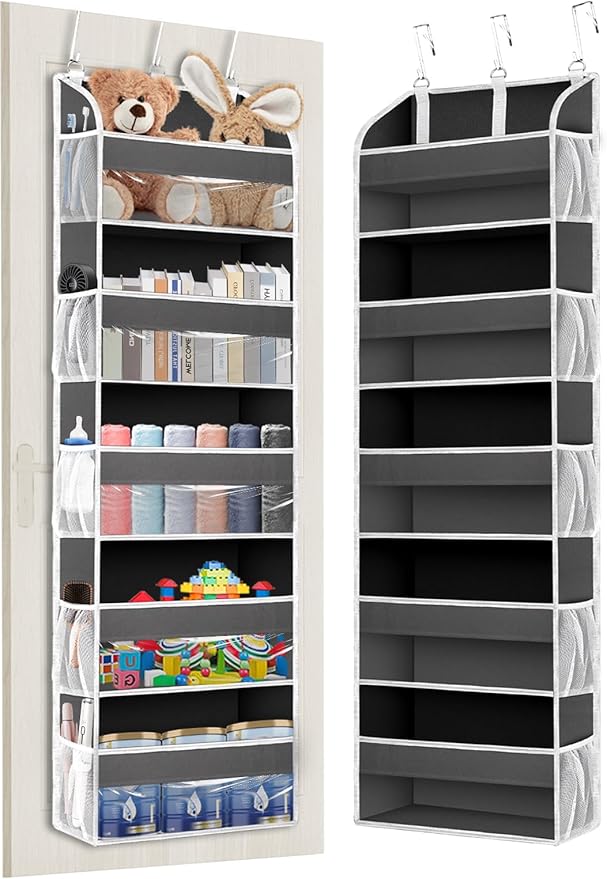 1 Pack Over The Door Organizer Storage, Hanging Organizer Closet with 5 Large Pockets 10 Mesh Pockets, 44 lbs Weight Capacity, Behind Door Storage for Nursery Bedroom Bathroom (Dark Grey)
