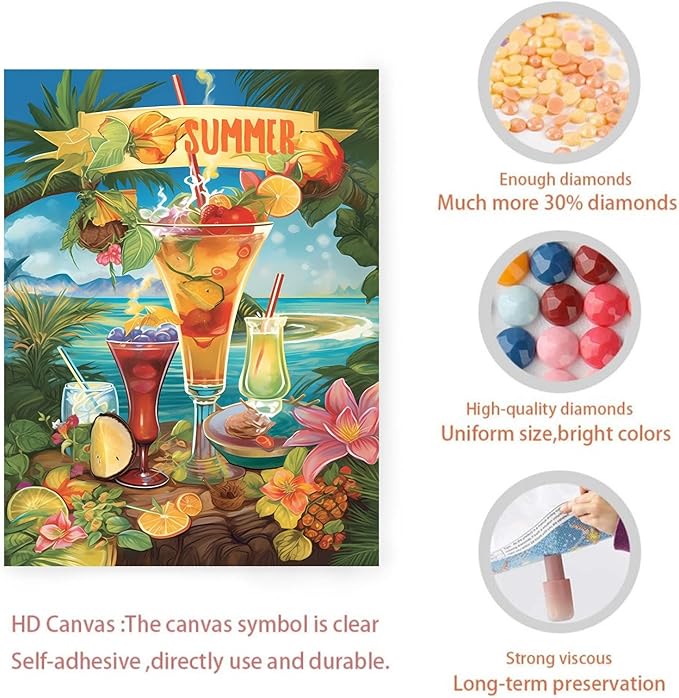 GUAIEUW Diamond Painting Kits for Adult Beginner Round Full Diamond 5D DIY Diamond Art Kit Gift - Season Theme Summer Beach Drinks Diamond Painting Home Wall Decor 20x24 Inch