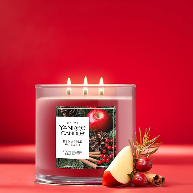 Yankee Candle Red Apple Wreath, Scented Candle, 14.5oz 3-Wick Candle Jar with up to 40 Hours Burn Time