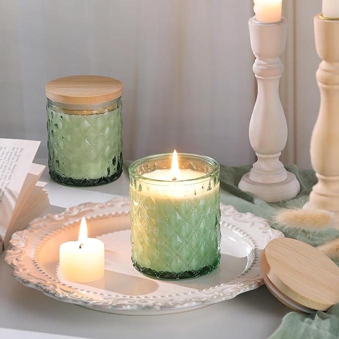 MATAHUM 8 Pack Green Candle Jars for Making Candles, 7 OZ Empty Glass Candle Making Jars with Bamboo Lids for Candle Making Supplies, Candle Containers Vessels for Home DIY Decoration