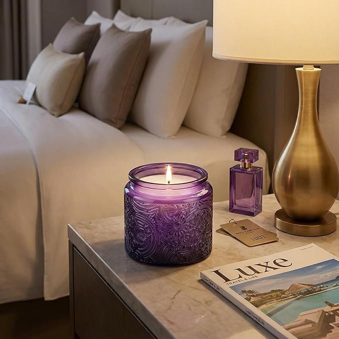 9-Pack 10 oz Sun Moon Star Embossed Glass Candle Jars with Mirror Lids and Labels - Unique Purple Containers with Lids for Candle Making