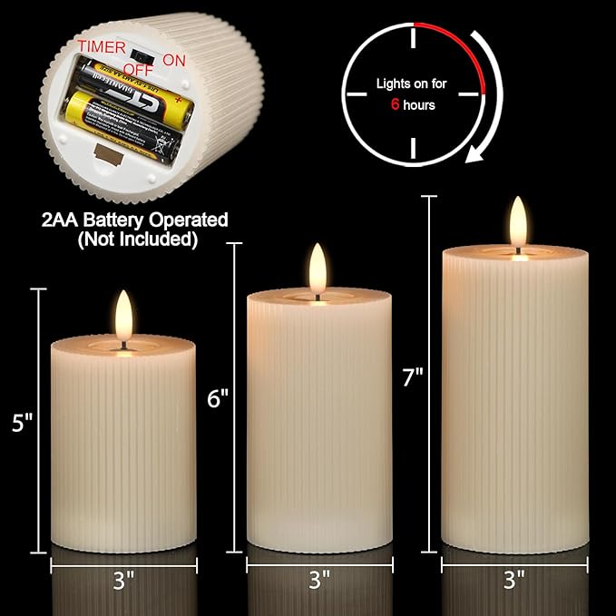 GenSwin Mirror Surface Flameless Candles with Timer, Real Wax LED Pillar Candles Battery Operated with 3D Flame, 3Pcs Stripe Flickering Battery Candles for Christmas Home Decor(Gray, D3” x H5”6”7”)