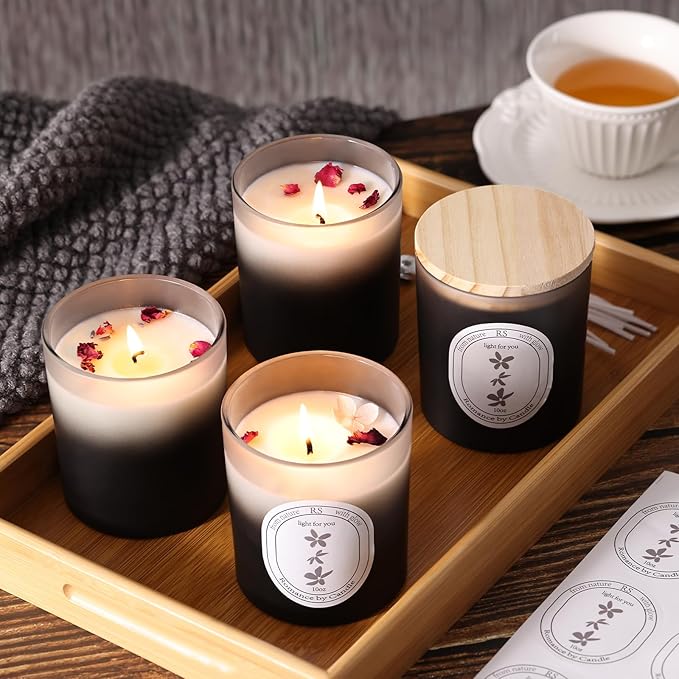REISEN 12Pcs Gradient Black Candle Jars for Making Candles, 10oz Glass Jars with Bamboo Lids, Candle Wick Kit and Sticky Warning Labels, Candle Containers Vessels for DIY Gifts