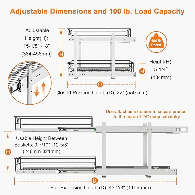 ALINE FURNITURE 2-Tier Pull Out Cabinet Organizer - 20" W x 22" D Soft Close Pullout Shelves with Shelf Liners - Slide Out Drawers for Kitchen Cabinets, Pantry, Bathroom, Heavy Duty Steel Wire Baskets