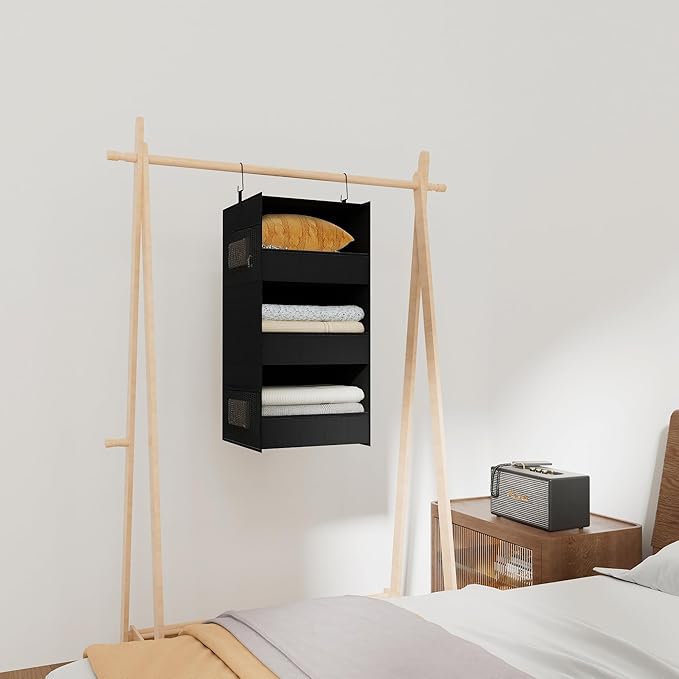 3-Shelf Hanging Closet Organizer and Storage, Foldable Hanging Closet Shelves Front Lip Design Washable Hanging Storage, Black