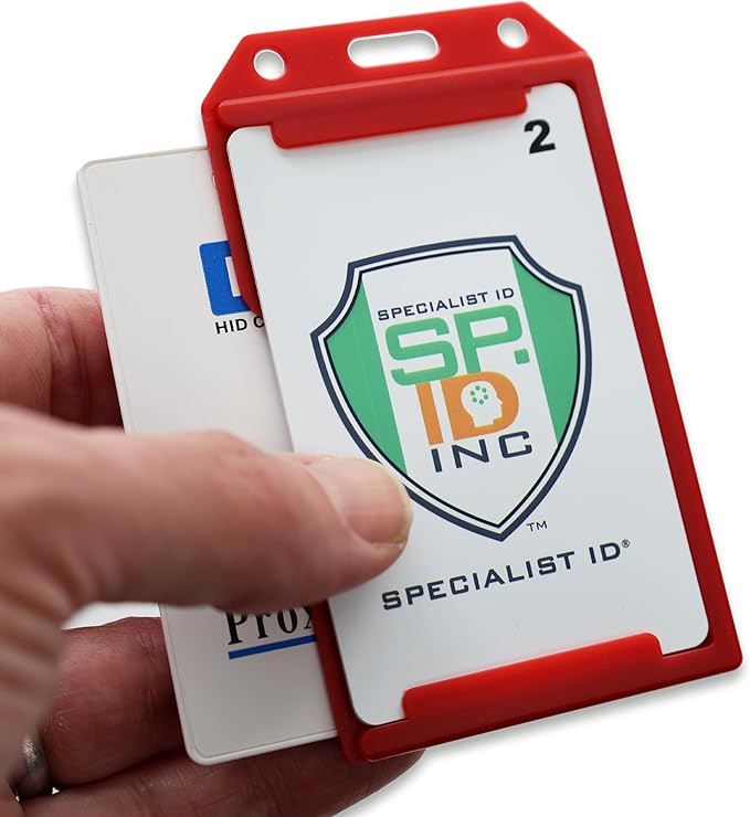 5 Pack - Heavy Duty 2-Sided Rigid Multi Card Holder - Hard Plastic Vertical ID Badge Holders for 2 Standard or Thick Prox Cards, Fuel Card, CAC, Work Badge, or Credit Cards by Specialist ID (Red)