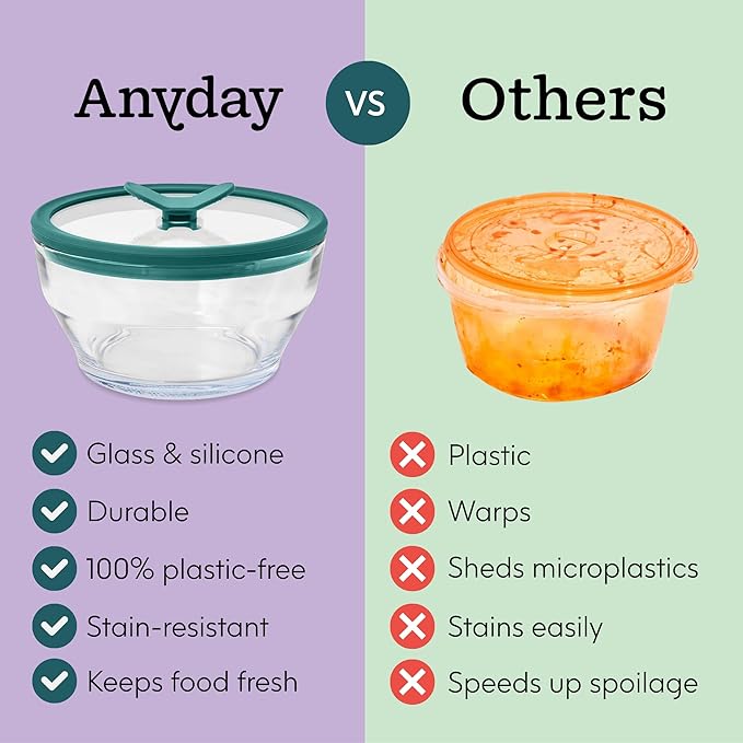 Anyday 4-Piece Medium Glass Food Storage with Glass Lids | Plastic-Free Meal Prep & Microwave Cookware | Stackable Airtight Storage Container with Vented Lid for Microwave-Safe Reheating