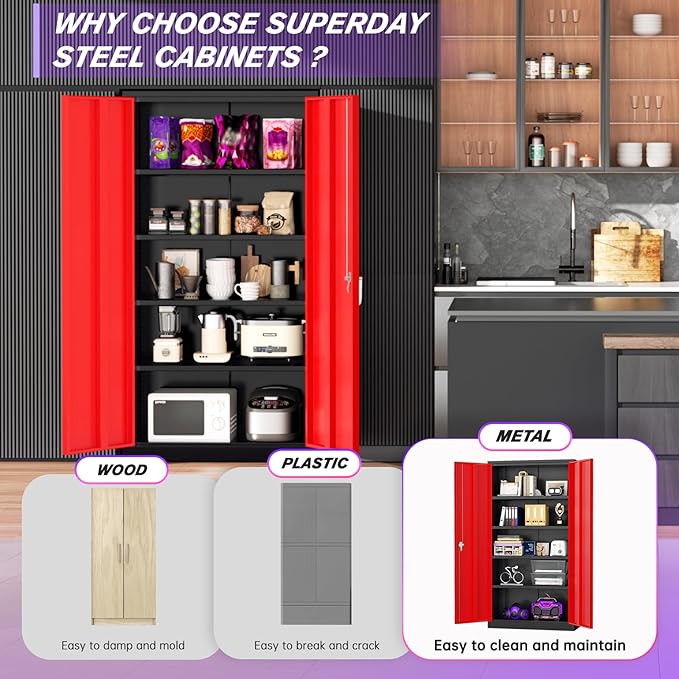 Superday Metal Storage Cabinets, 72" Storage Cabinet with Locking Door, Tall Garage Cabinet with 2 Doors and 4 Adjustable Shelves for Home Office, Classroom, Easy Assemble(Black Red)