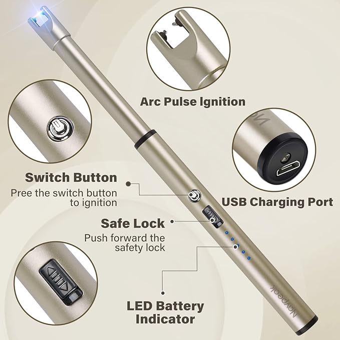 Navpeak Electric Candle Lighter Windproof USB Rechargeable Flameless Long Neck Lighter for Candles Gas Stove Fireplace BBQ Kitchen Grills (Champagne Gold)