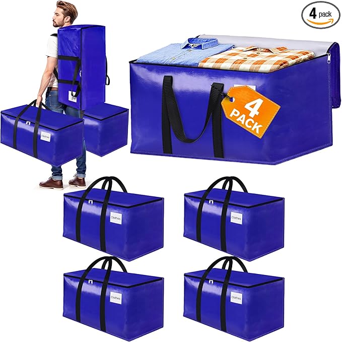 FabSpace 4-Pack Moving Bags with Backpack Straps & Carry Handles, 30 Gallons-125 L Heavy Duty Storage Totes for Space Saving, Foldable Storage Bags for College Dorm, Travel, Camping (Blue)