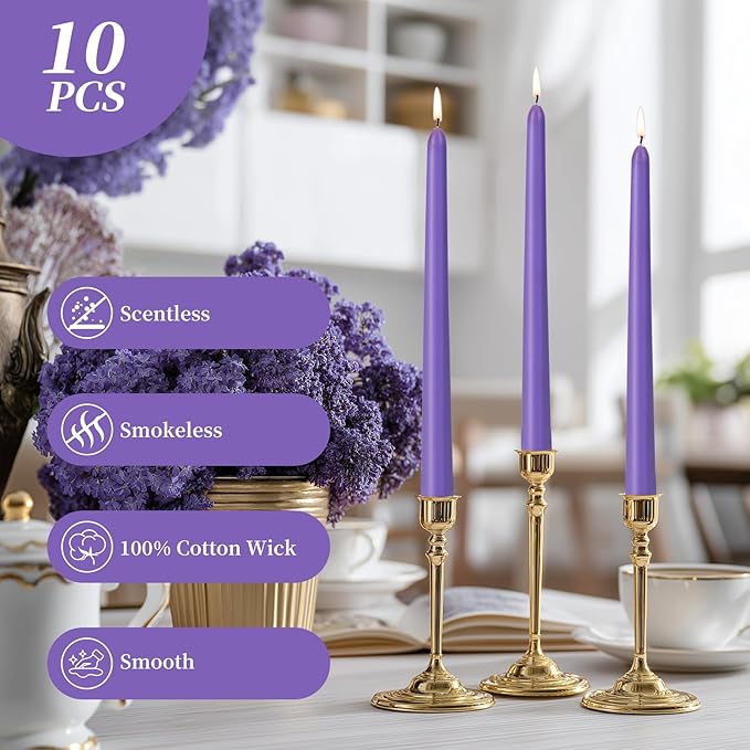 KONNI 0.87×10 Inch Violet Taper Candles, Unscented and Smokeless Tall Candlesticks, 10 Pack Tapered Candles with Cotton Wicks, Long Burning, Ideal for Weddings, Dinner Parties, and Home Décor