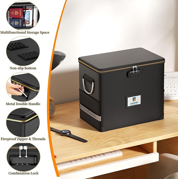 File Organizer with Lock,Fireproof Document Box,Hard Safe Box Includes 10 Hanging File Folders for Letter Size,Filing Cabinet with Fireproof Zipper,0.58 Cubic Feet